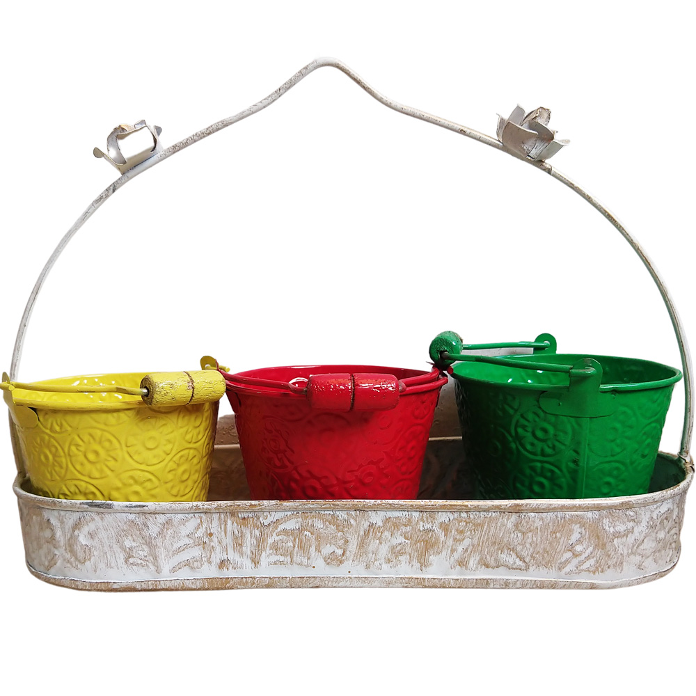 3 Bucket Balti With Handle In Tray Of Metal Handicrafts