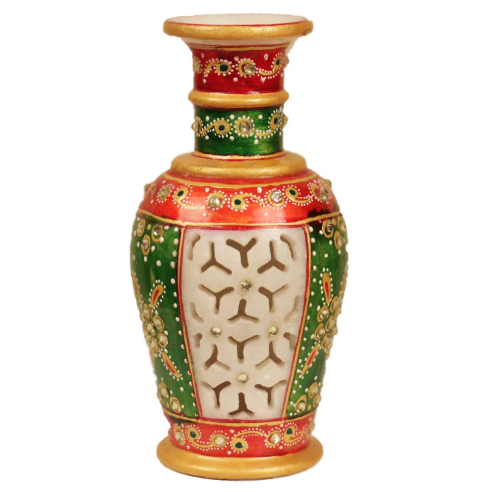 Alluring marble flower vase with multicoloured work on it