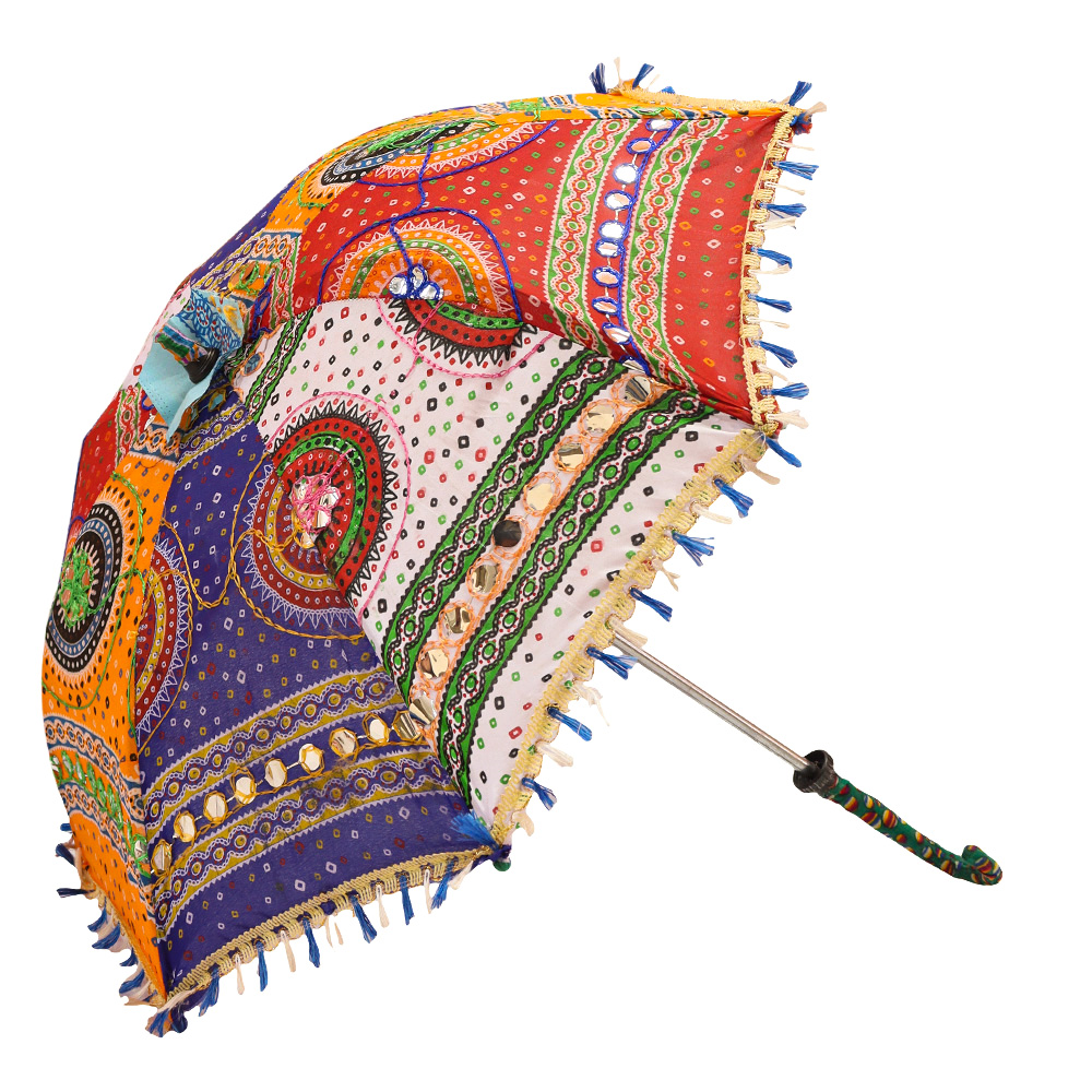 Artistically handcrafted umbrella with beautiful embroidery and bi color tassel work