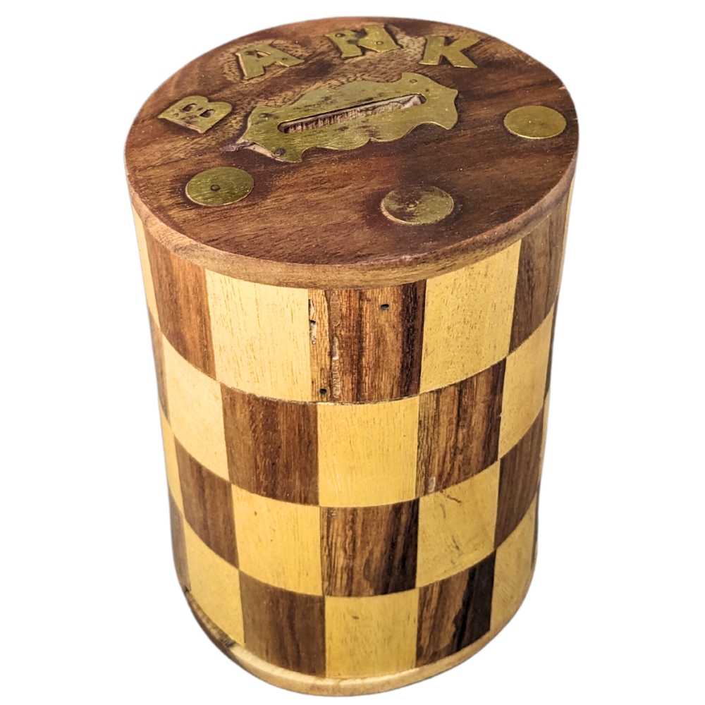 Cylindrical shaped wooden piggy bank