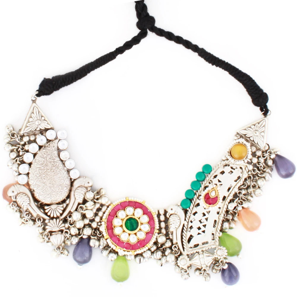 Enigmatic stone studded silver coated necklace