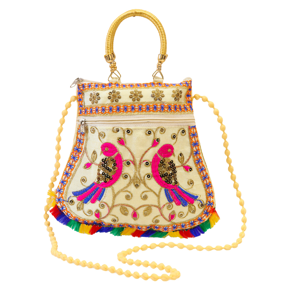 Gorgeously crafted bird embroidered purse with a  handle and a strap