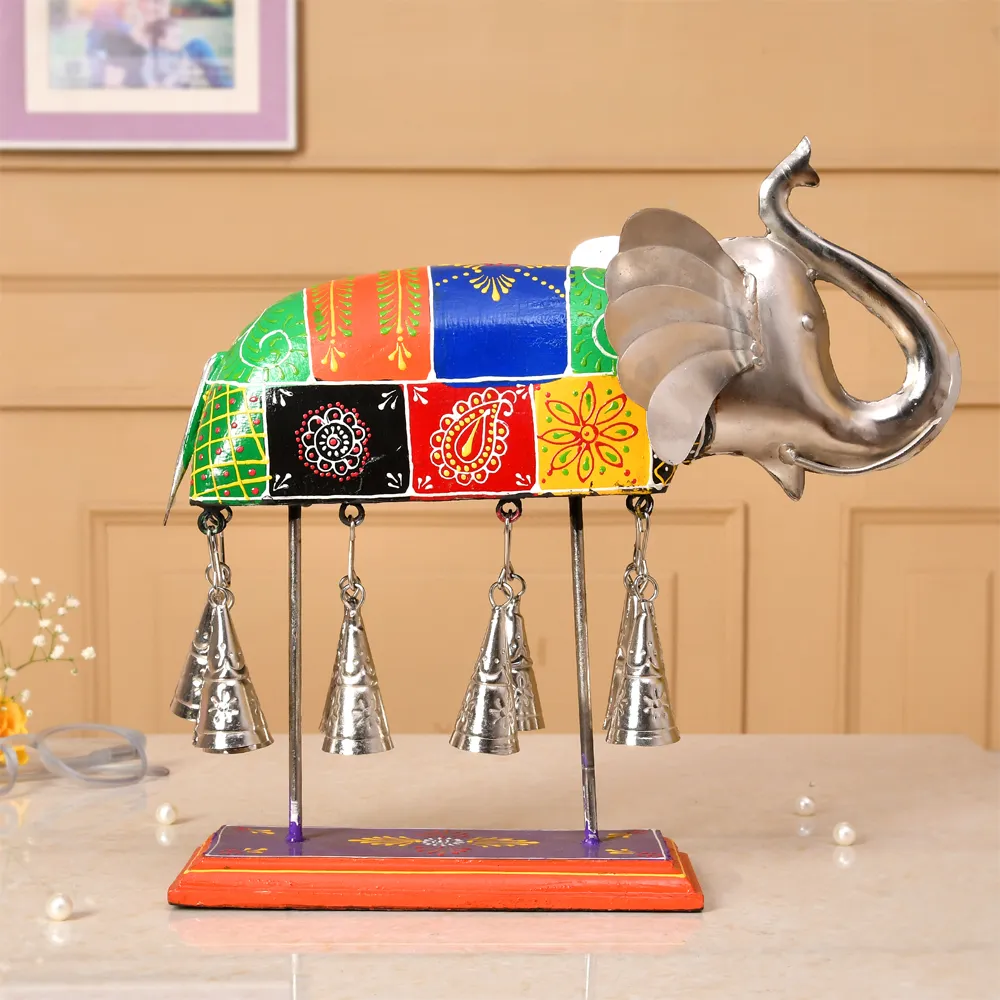 Handcrafted Colorful Metal Elephant with Hanging Bells Decor
