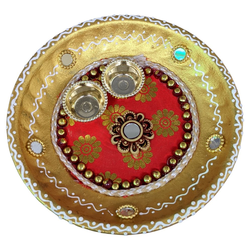 Handcrafted beautiful pooja thali with mirror work on it