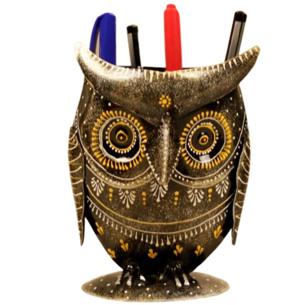 Owl shaped pen holder made up of metal