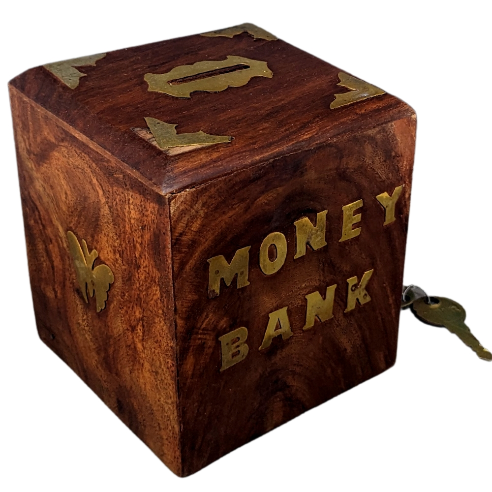 Square-shaped wooden piggy bank with a lock system