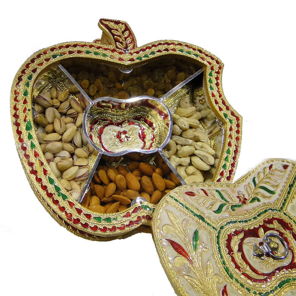 apple shaped gift box with wooden base brass covering and meena work bh 0237