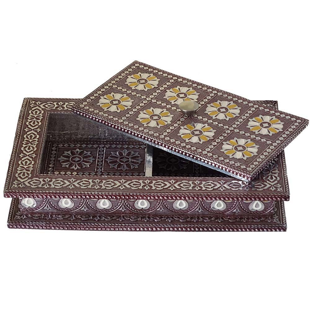 Oxidised wooden dry fruit box with gorgeous meenakari delineation