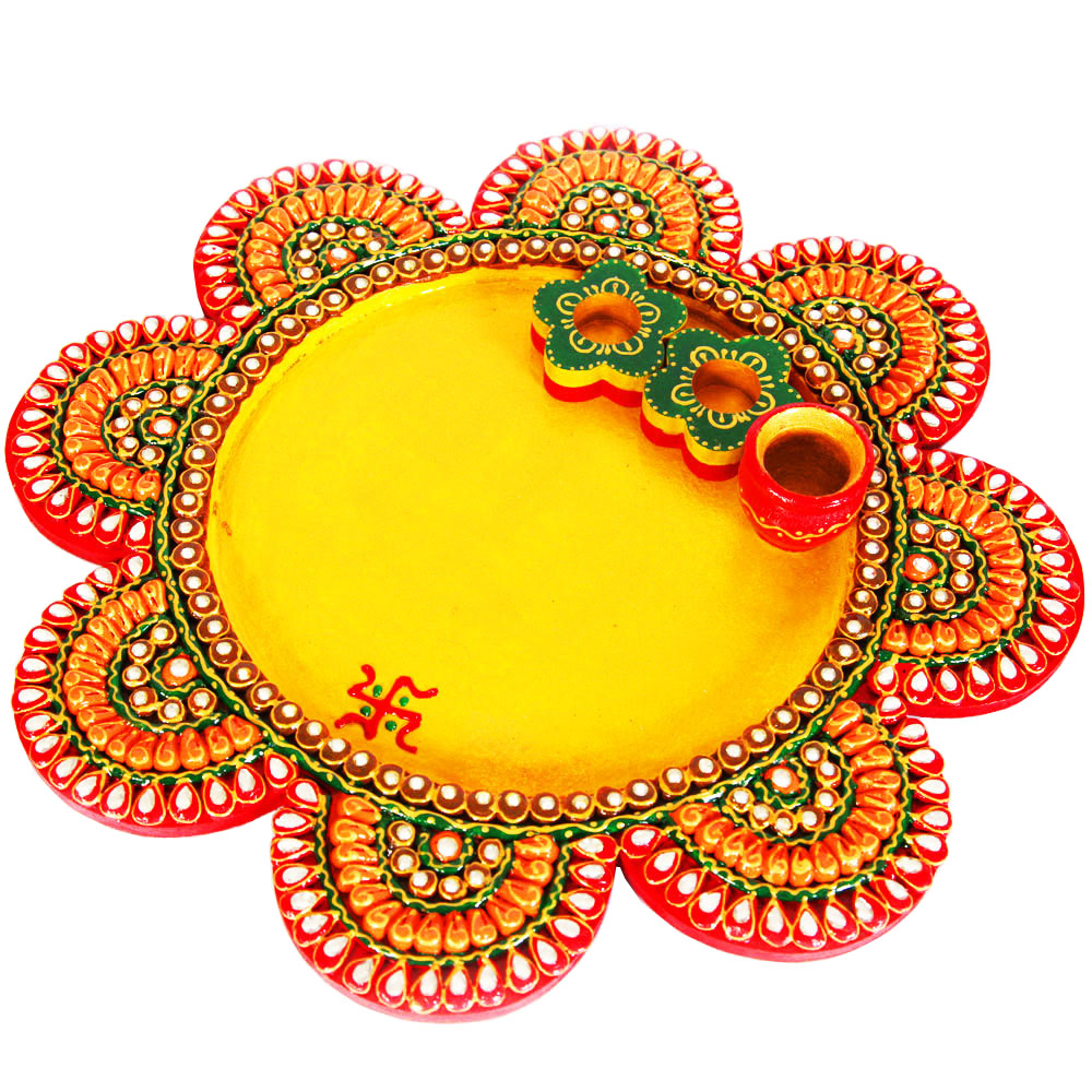 Wood Kundan Craft Flower Pooja Thali For Ladies Online