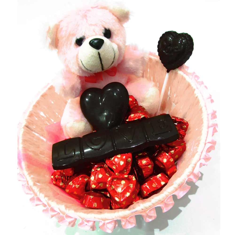 Chocolate pink basket with teddy