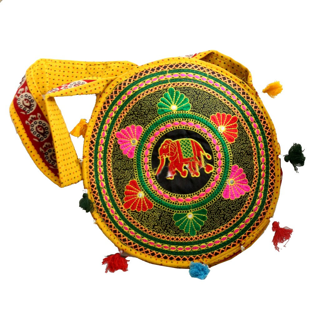 Circular Yellow Bag With Floral Print and Elephant Design