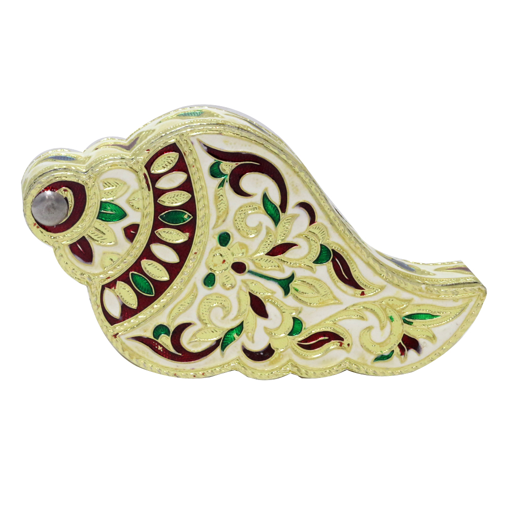 Conch shaped wooden dry fruit box with meenakari detailing.