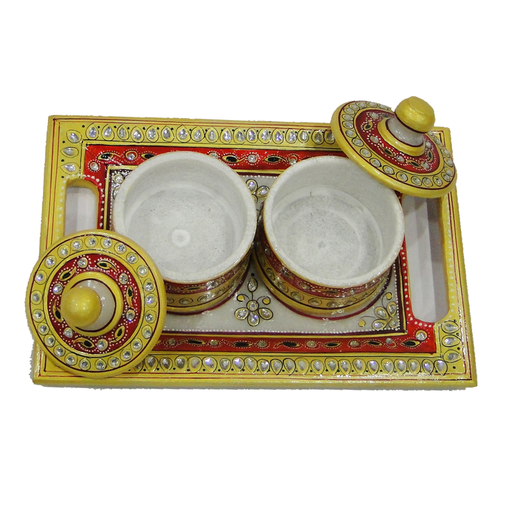 Marble Meenakari Crafted 2 Dibbi With Lid & Tray Online