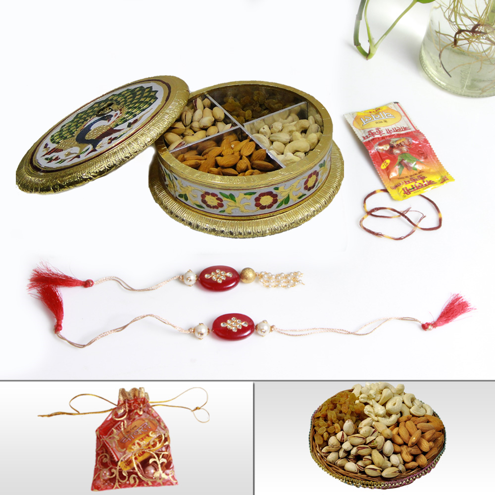 Handcrafted meena box with rakhi & dry fruits