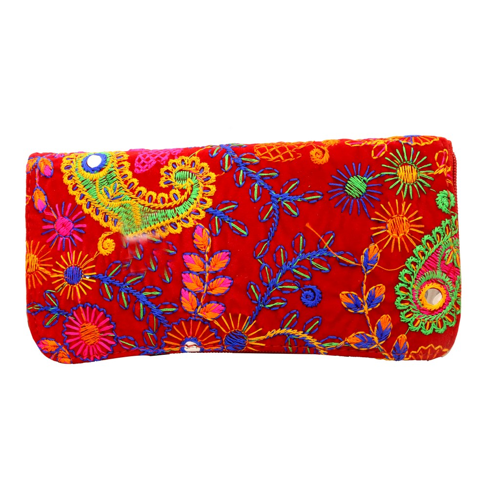 Embroidery Designed Red Small Handle Clutch Bag For Everyday Use