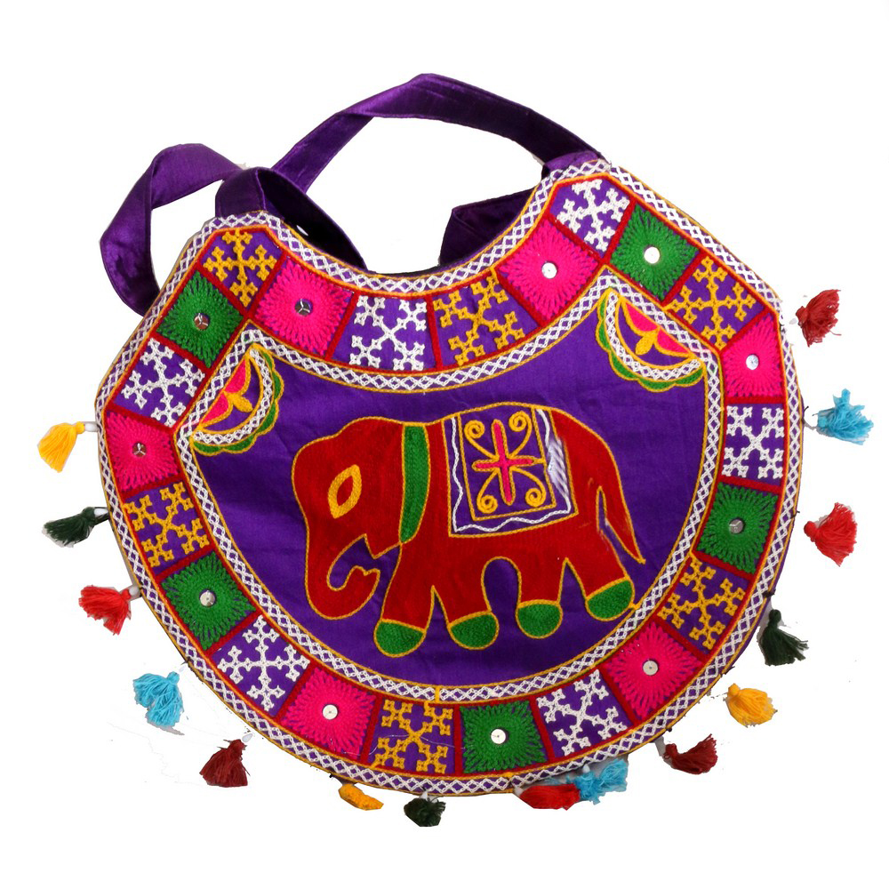 Ethnic Semi-Circular Rajsi Blue Bag With Colourful Designs