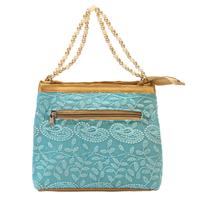 Amazingly crafted sky blue tote bag with beaded strap and white chikankari work