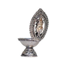 German Silver Ganesh Diya with Intricate Carvings for Puja