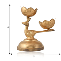 Gold-Plated Metal Peacock Tealight Holder with Double Lotus Design