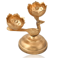 Gold-Plated Metal Peacock Tealight Holder with Double Lotus Design