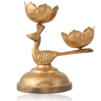 Gold-Plated Metal Peacock Tealight Holder with Double Lotus Design