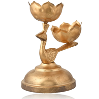 Gold-Plated Metal Peacock Tealight Holder with Double Lotus Design