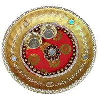 Golden colour handmade puja thali with beads