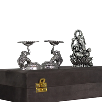 Handcrafted German Silver Ganesha Idol and Elephant Diya Set