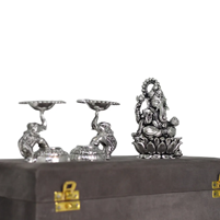 Handcrafted German Silver Ganesha Idol and Elephant Diya Set