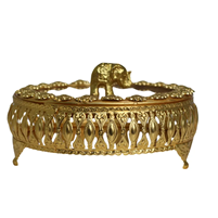Handcrafted Gold Plated Round Bowl with Elephant Handle Lid