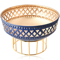 Metal Decorative Bowl with Blue and Gold Finish on Stand