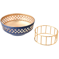 Metal Decorative Bowl with Blue and Gold Finish on Stand