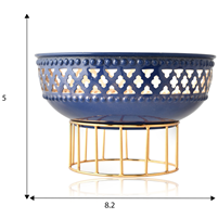 Metal Decorative Bowl with Blue and Gold Finish on Stand