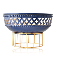 Metal Decorative Bowl with Blue and Gold Finish on Stand