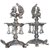 Oxidised Silver Plated Peacock Diya Stand with Bells for puja