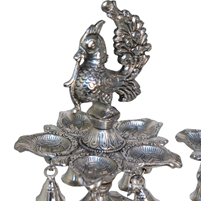 Oxidised Silver Plated Peacock Diya Stand with Bells for puja