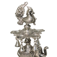 Oxidised Silver Plated Peacock Diya Stand with Bells for puja