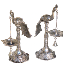 Oxidised Silver Plated Peacock Hanging Diya Pair for Temple
