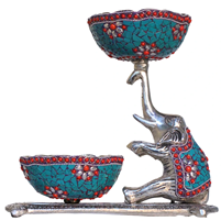 Silver Plated Oxidised Elephant Bowl Set with Gemstone Work