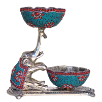Silver Plated Oxidised Elephant Bowl Set with Gemstone Work