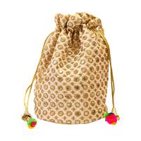 Traditional white and golden potli bag with a small beaded strap