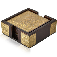 Wooden Coaster Set with Brass Elephant Inlay Design