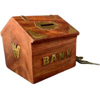 Wooden piggy money bank in the shape of a hut