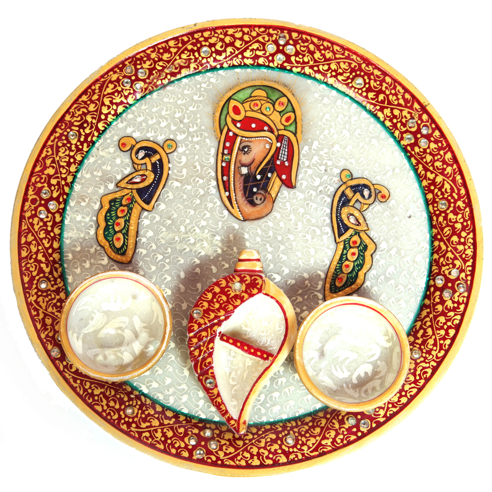 Ganesh & Peacock Engraved Marble Meenakari Pooja Thali