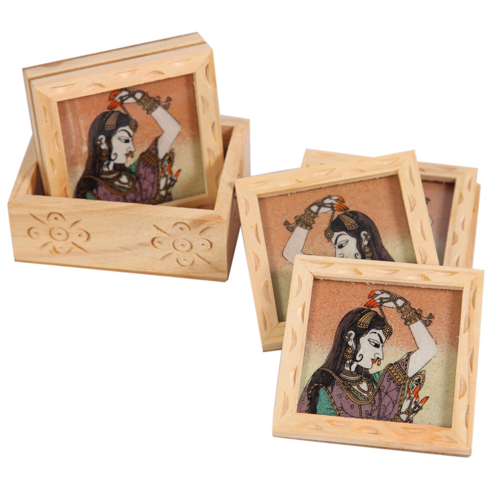 Kadamb Wood Tea Coaster With Bani Thani Print As India Gift
