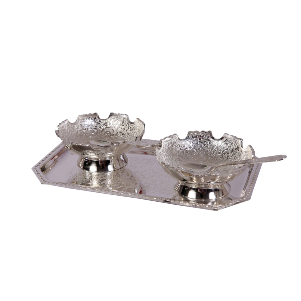 German Silver 2 Bowl Set with Spoons & Serving Tray 