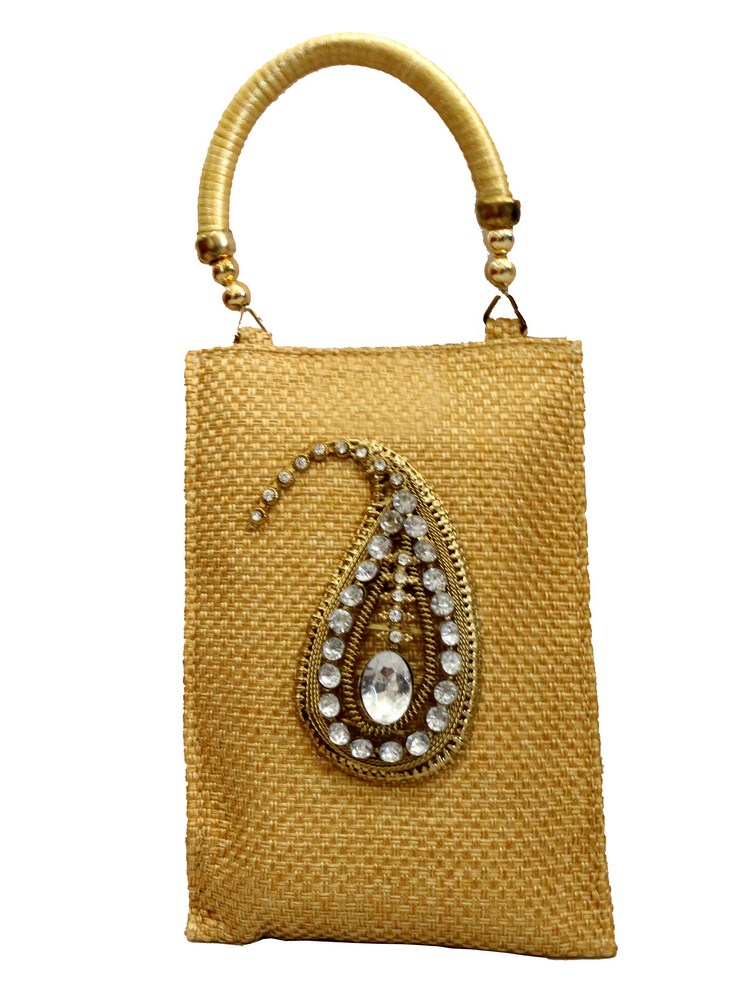 Golden Kairy Clutch Bag With Traditional Stone Design Work