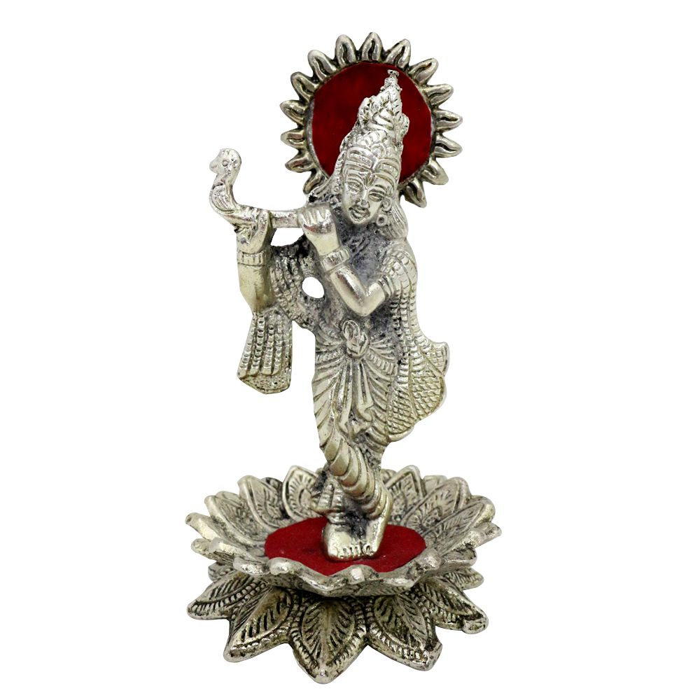 Krishna playing flute oxidised metal statue