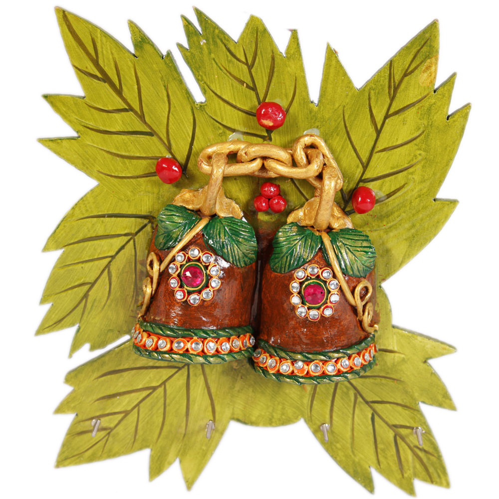 Wooden Kundan Craft Twin Bell Leaf Key Holder For Wall Online