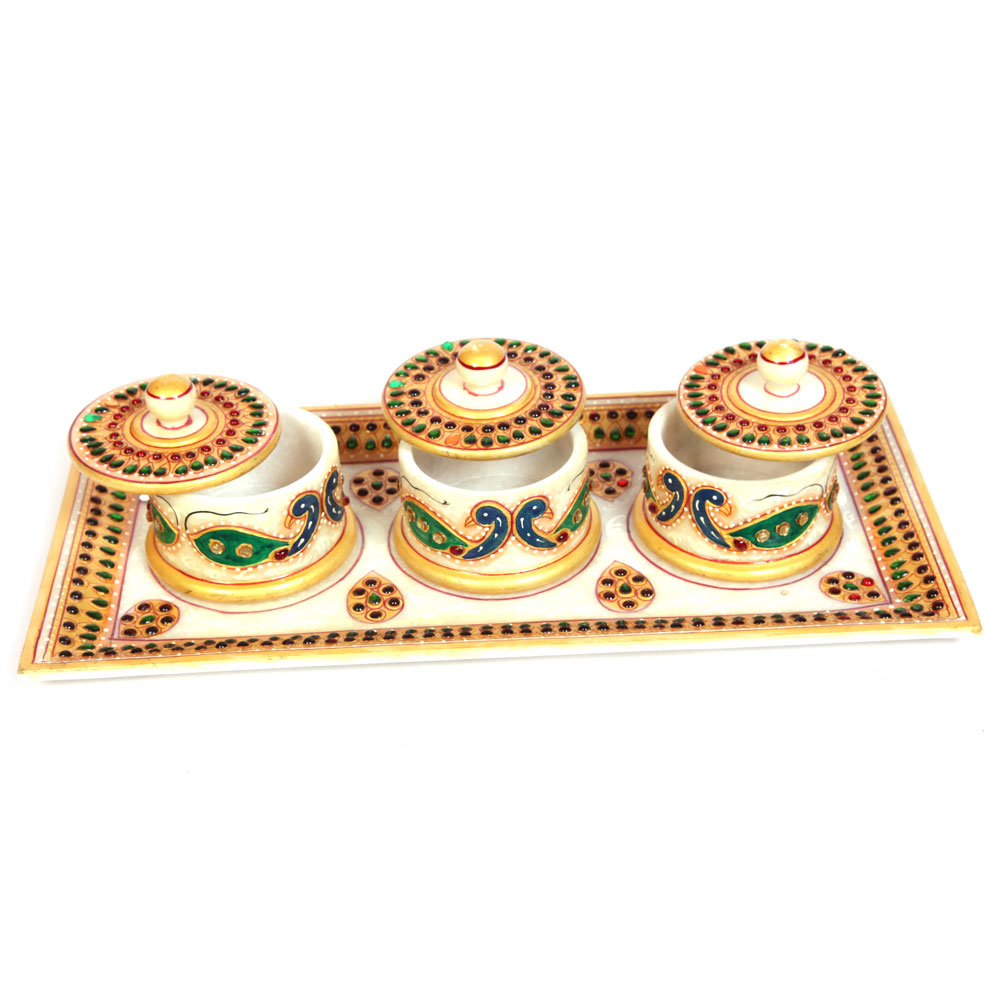 Marble Meenakari Crafted 3 Dibbi Set With Serving Tray Online